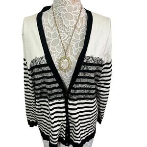 Coldwater Creek White and Black Striped Cardigan With Floral Design- Womens XL